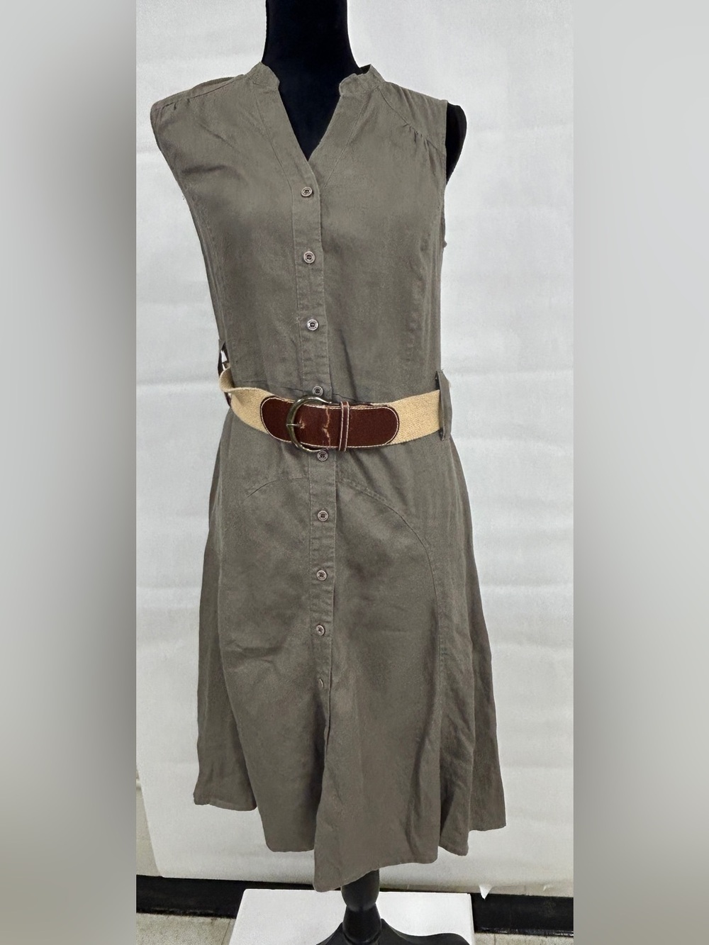 Malvin 100% Linen Dress Small Taupe Sleeveless Coastal Capsule Safari European